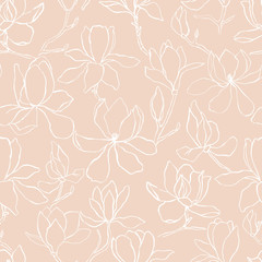 Magnolia.Floral vector background in line style. Seamless pattern. Branches with flowers of magnolia. Modern trendy graphic design template for poster, card, banner, cover, textile, fabric, wrapping. 