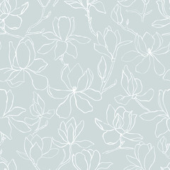 Magnolia.Floral vector background in line style. Seamless pattern. Branches with flowers of magnolia. Modern trendy graphic design template for poster, card, banner, cover, textile, fabric, wrapping.  - 276526043