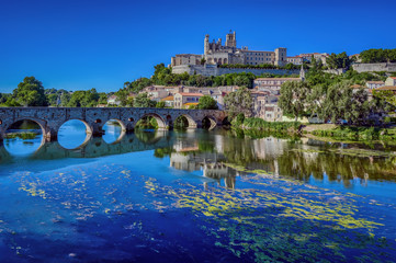 The Old Bridge (Pont Vieux) and St. Nazaire Cathedral in the city of Beziers, Herault, south of France