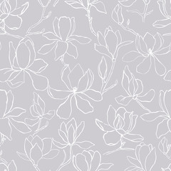 Magnolia.Floral vector background in line style. Seamless pattern. Branches with flowers of magnolia. Modern trendy graphic design template for poster, card, banner, cover, textile, fabric, wrapping.  - 276526057