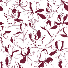 Seamless floral vector pattern with magnolia blossom. Vintage stylized. Modern trendy graphic design template for poster, card, banner, cover, textile, fabric, wrapping.