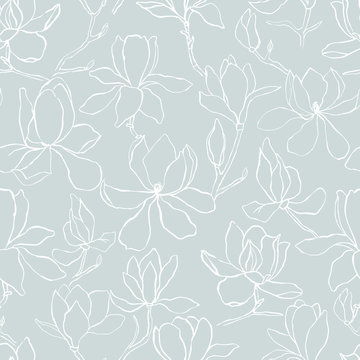 Magnolia.Floral vector background in line style. Seamless pattern. Branches with flowers of magnolia. Modern trendy graphic design template for poster, card, banner, cover, textile, fabric, wrapping. 
