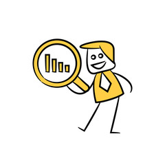 Fototapeta na wymiar businessman, analyst holding magnifier and graph yellow stick figure