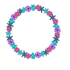 circle of blue, violet and red flowers vector illustration contour