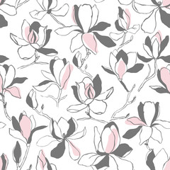 Seamless floral vector pattern with magnolia blossom. Vintage stylized. Modern trendy graphic design template for poster, card, banner, cover, textile, fabric, wrapping.