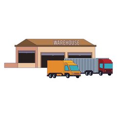 Warehouse storage building with cargo trucks blue lines