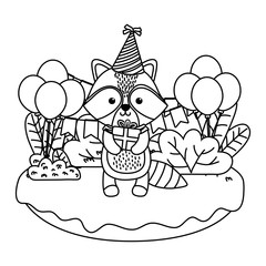 Raccoon cartoon with happy birthday icon design