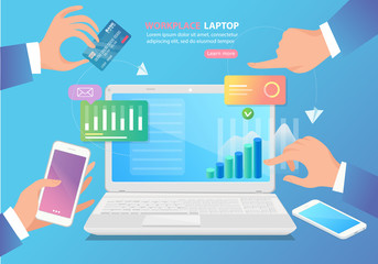 Hands of developer working on keyboard of laptop on white desk. top view. Workplace of programmer with notebook, table plant, smartphone, icons and interface elements.