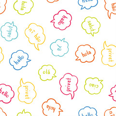 Fun multilingual colorful seamless pattern - greeting in various languages, conversation, communication background, great for neon fabrics, gift wrapping, invitations - vector surface design