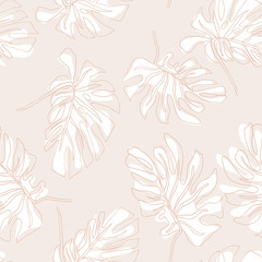 Abstract exotic leaves seamless pattern. Hand drawn tropical summer background: Philodendron monstera, palm leaf contours. Vector art illustration in pastel colors