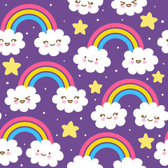 Seamless pattern with cute cartoon clouds with rainbows and stars