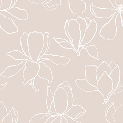 Modern abstract  Magnolia flowers background. Floral Seamless pattern. Pastel scandinavian colors palette. Textile composition, hand drawn style print. Vector illustration. - 276529051
