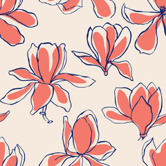 Modern abstract  Magnolia flowers background. Floral Seamless pattern. Pastel scandinavian colors palette. Textile composition, hand drawn style print. Vector illustration. - 276529082