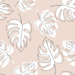 Philodendron plant. Monstera leaves seamless pattern. Background in minimal linear style. Abstract modern print. Modern trendy graphic design template for poster, card, banner, cover, textile, fabric,