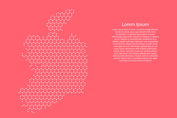 Republic of Ireland map from futuristic hexagonal shapes, lines, points white, form of honeycomb or molecular structure on pink rose color coral background. Vector illustration.