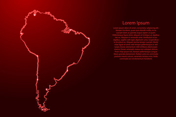 South America continent map from the contour red brush lines different thickness and glowing stars on dark background. Vector illustration.