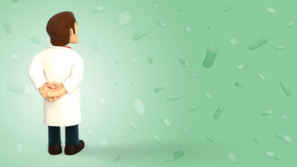 Cartoon 3d doctor dressed in white coat having his back turned and looking up on a green background with falling pills and tablets 3d rendering
