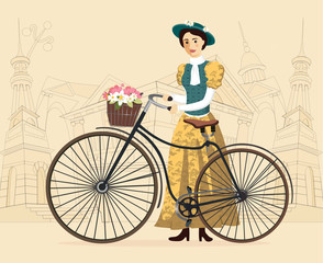 Elegant lady with hat in vintage costume on a old bicycle vector Illustration cityscape