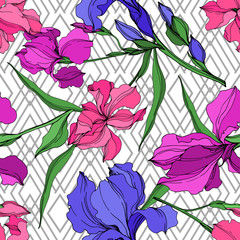 Vector Irises floral botanical flowers. Black and white engraved ink art. Seamless background pattern.
