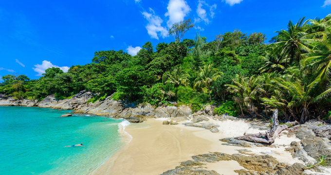 Freedom Beach, Phuket, Thailand - Tropical Island With White Paradise Sand Beach And Turquoise Clear Water And Granite Stones.