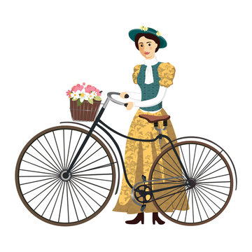 Lady on a retro bicycle with hat and basket vector Illustration isolated