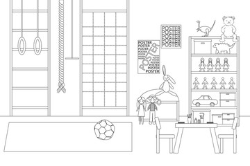 Vector Line Illustration of Children's Game Room. White and Black Outline Sketch of Kindergarten Room with Sport Equipment and Toys. Modern Interior Design in Line Art Style. Concept of Kids Playroom