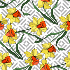 Vector Narcissus floral botanical flower. Yellow and green engraved ink art. Seamless background pattern.