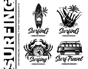 Surfing emblems, illustrations, t-shirt designs vector collections on white background