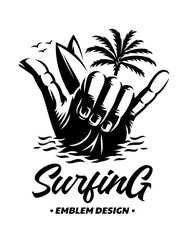 Surfing emblems, illustrations, t-shirt designs vector on white background