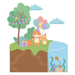 Animals cartoons with happy birthday icon design