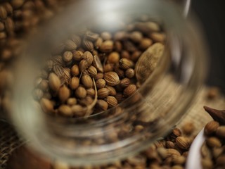 Coriander seeds on a ceramic spoon with cinnamon and star anise isolated on wooden background. Close-up, selective focus and shallow DOF.