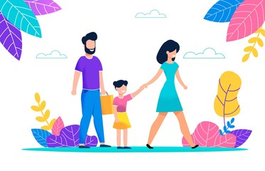 Happy Young Family Strolls Around Summer Hot Day