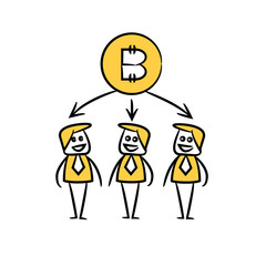 business people team and bitcoin in yellow doodle stick figure