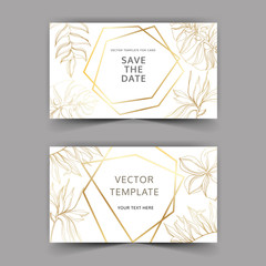 Fototapeta na wymiar Palm beach tree leaves jungle botanical. Golden engraved ink art. Wedding background card decorative border.