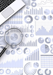 ノートパソコンと虫めがね:ビジネス資料背景