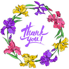 Iris floral botanical flowers. Watercolor background illustration set. Frame border ornament square.