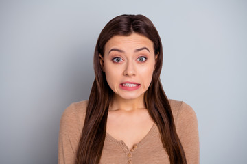 Close up photo beautiful amazing she her lady ideal appearance look eyes full fear made big mistake epic fail ashamed bad situation wear casual pastel brown pullover sweater isolated grey background