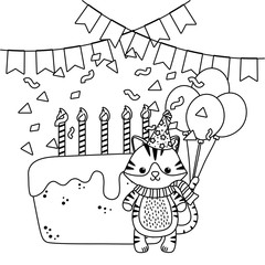 Cat cartoon with happy birthday icon design