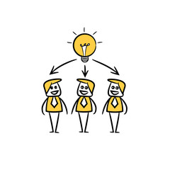 business people team and light bulb in yellow doodle stick figure
