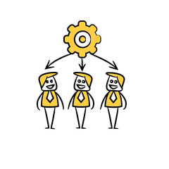 business people team and gear in yellow doodle stick figure