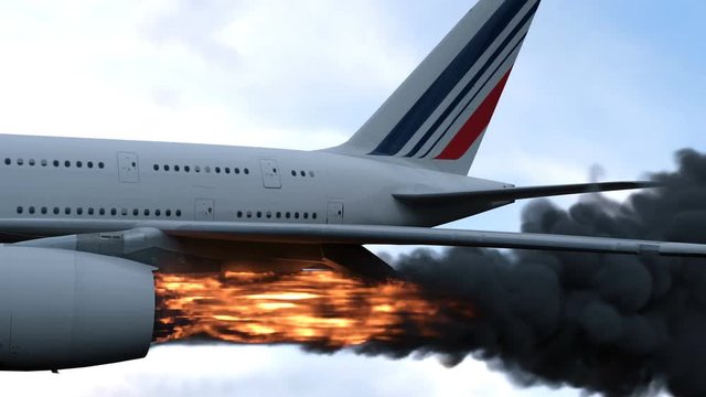 The engine of the aircraft caught fire and burns with the release of black smoke. Cinematic 3D animation.