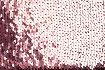 Sequins background. Background with shiny sequins on fabric. Abstract texture scales with pink sequins