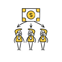 business people team and money bank in yellow doodle stick figure