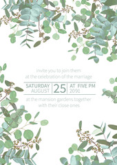 Greeting festive flyer, holiday card, vector. Elegant floral, greenery, asymmetric collection. Bouquet of eucalyptus spiral, populus, robusta. Wedding invitation оn rectangle background