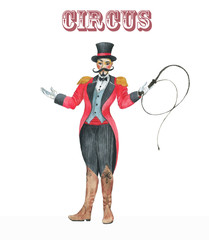 Hand drawn watercolor illustration of circus animal trainer isolated on the white background