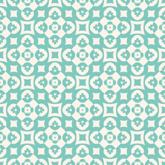 Vector turquoise seamless pattern with floral figures, crosses, squares, circles