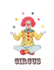 Hand drawn watercolor illustration isolated on the white background. Circus juggling clown artist in classic outfit with red nose and make up. 