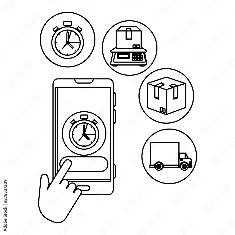 Poster hand using smartphone with delivery app and icons