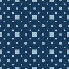 Geometric seamless pattern with small squares, dots. Navy and light blue color