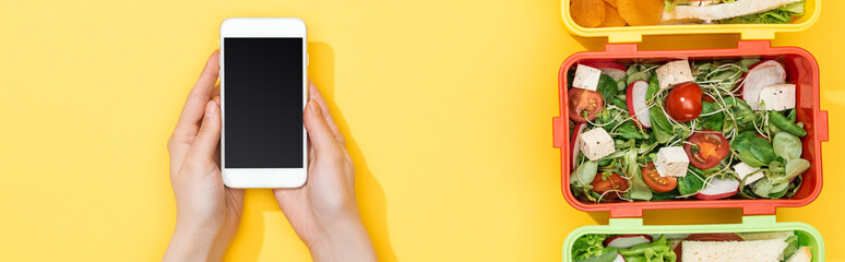 cropped view of woman holding smartphone in hands near lunch boxes